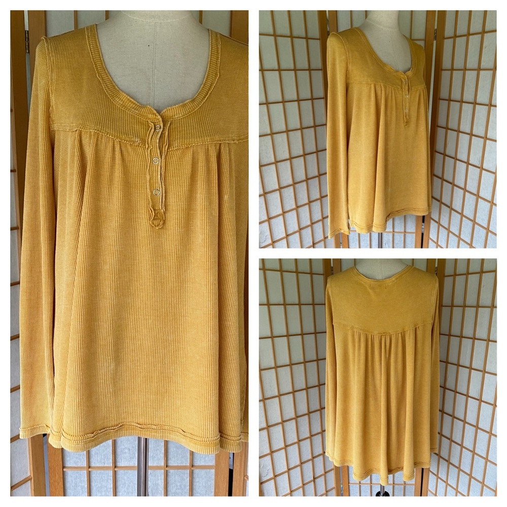 Hashttag Long Sleeve Oversized Raw Edge Boho Babydoll Waffle Weave Top SZ M